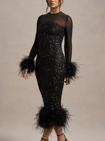 Sequin Feather Mesh Sleeve Black Dress