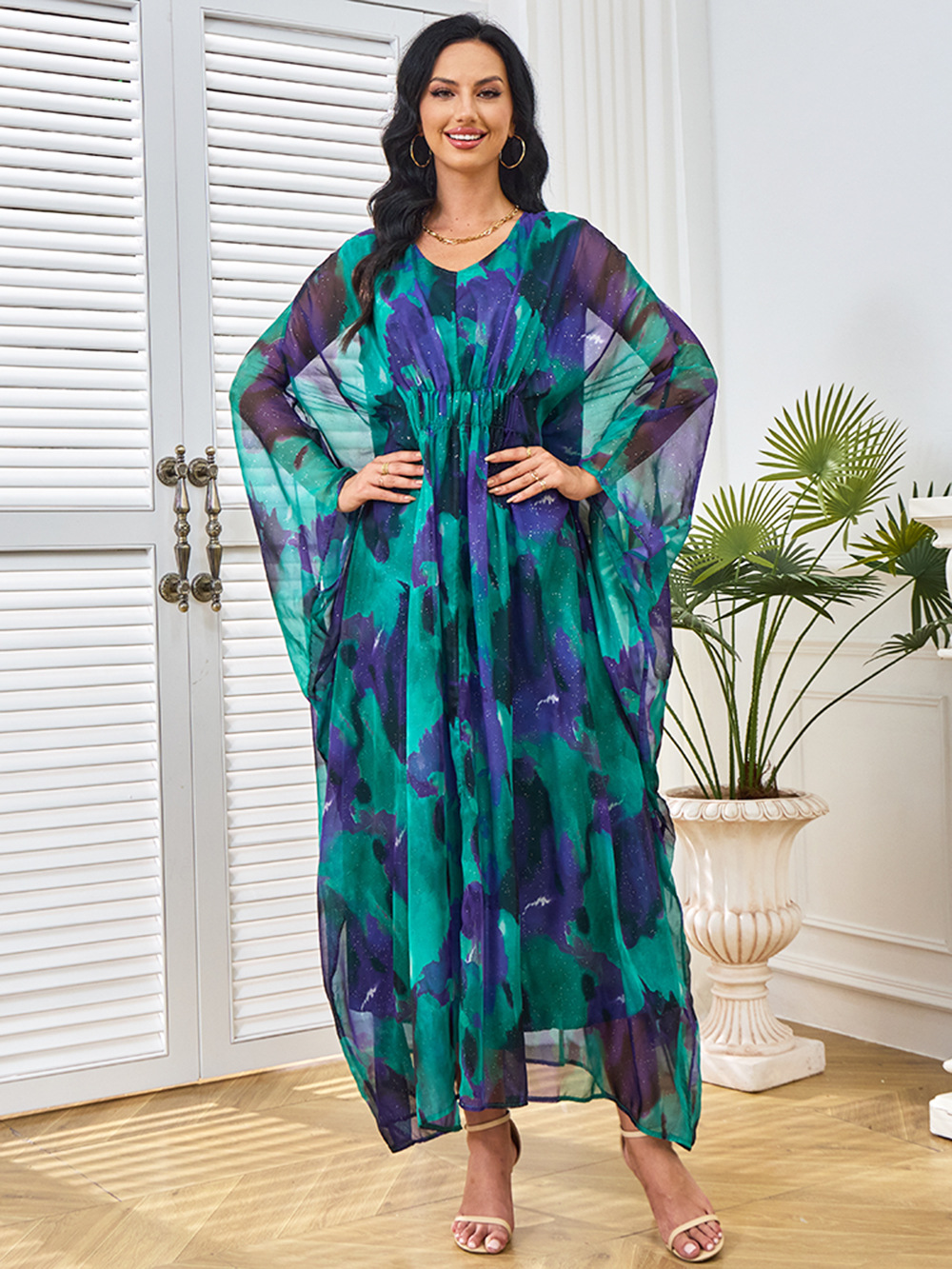 Intricate Patterns Hued Chiffon Gown Maxi Dress