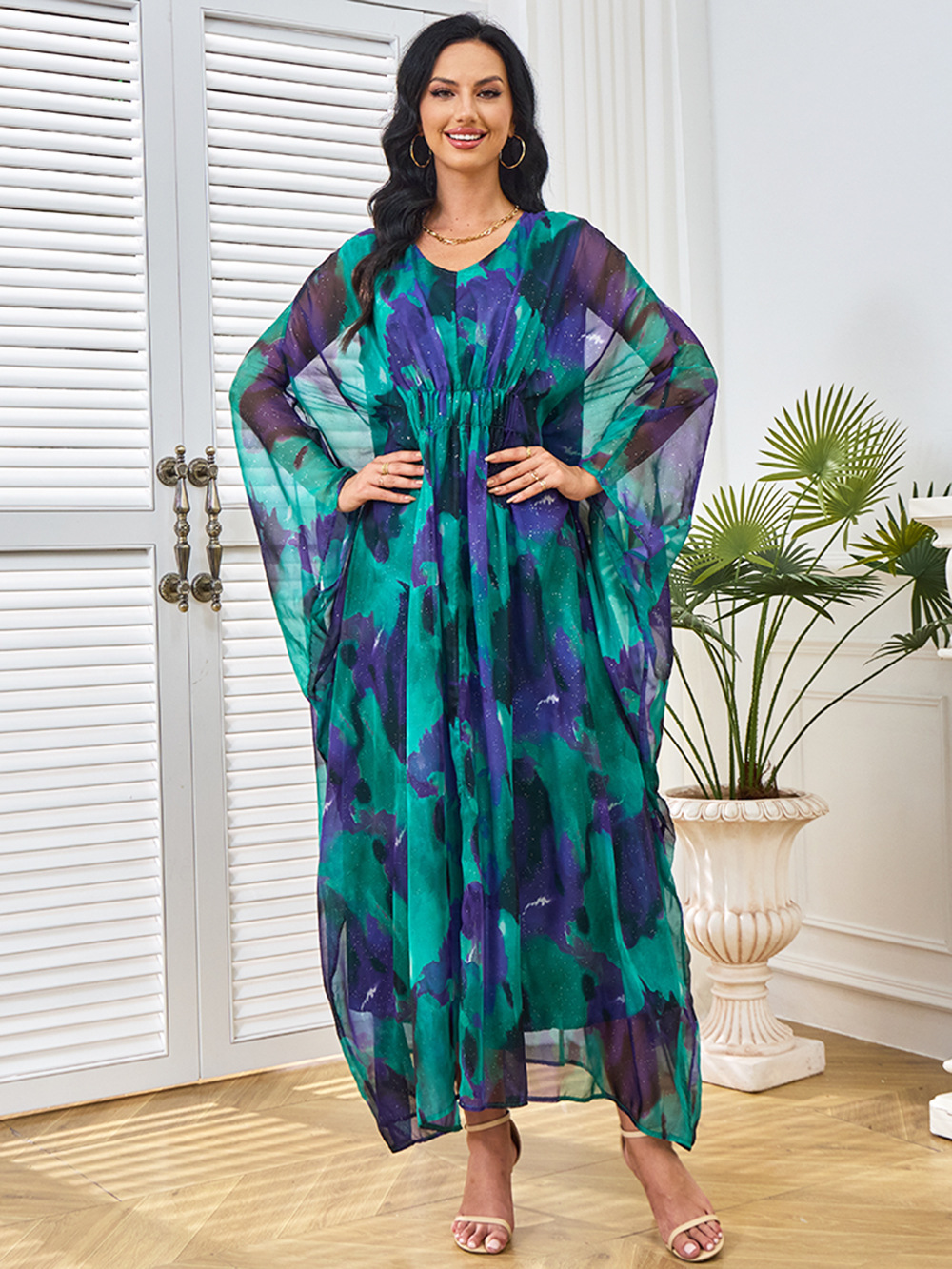 Intricate Patterns Hued Chiffon Gown Maxi Dress