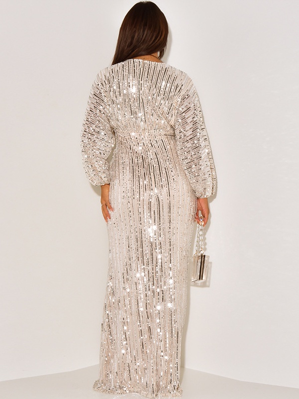 Sequined Long Sleeve V-Neck Beaded Long Dress