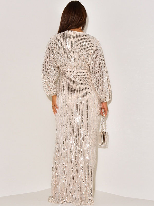 Sequined Long Sleeve V-Neck Beaded Long Dress