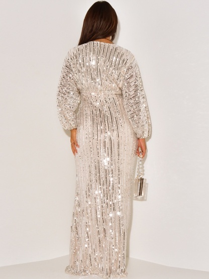 Sequined Long Sleeve V-Neck Beaded Long Dress
