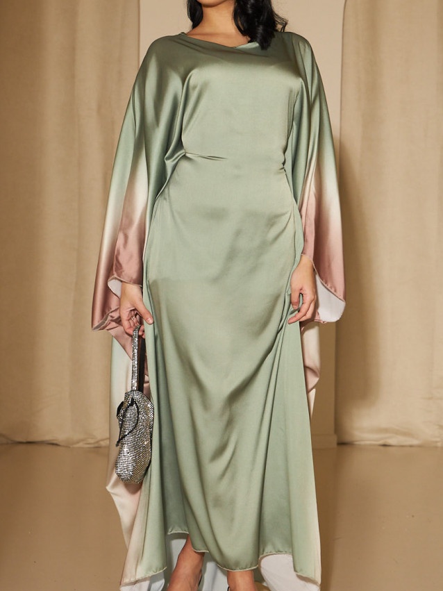 Round Neck Gradient Color Batwing Sleeves Dress