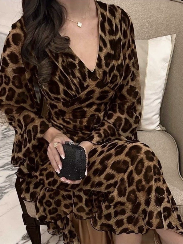Chiffon Leopard Print V-Neck Long Sleeve Dress