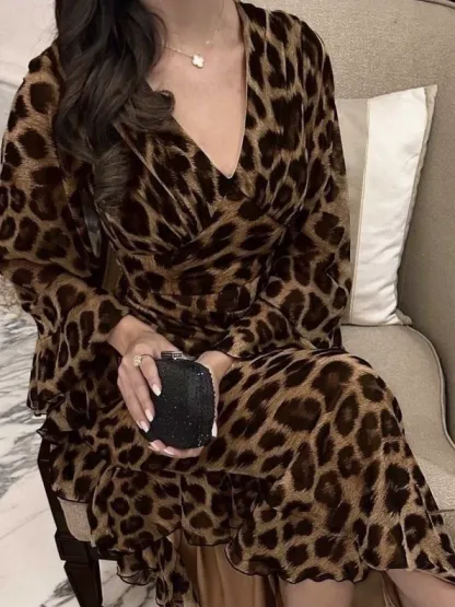 Chiffon Leopard Print V-Neck Long Sleeve Dress