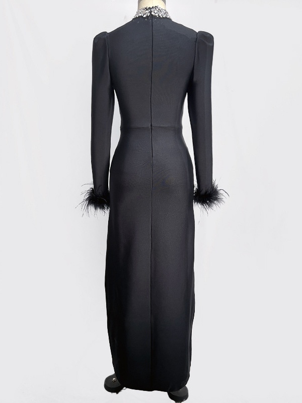Long Sleeve Feather Diamante Bandage Dress