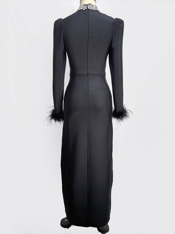 Long Sleeve Feather Diamante Bandage Dress