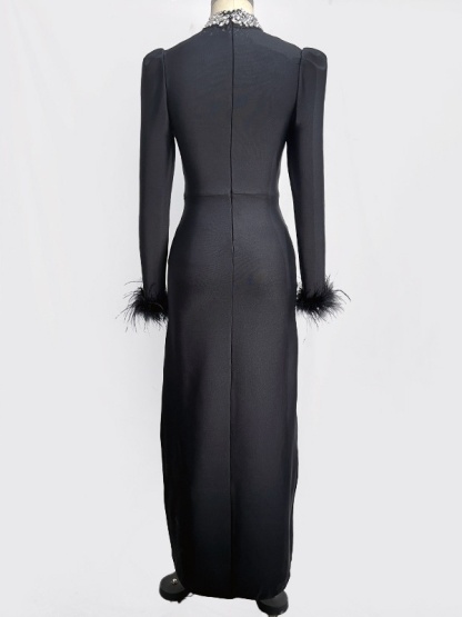 Long Sleeve Feather Diamante Bandage Dress