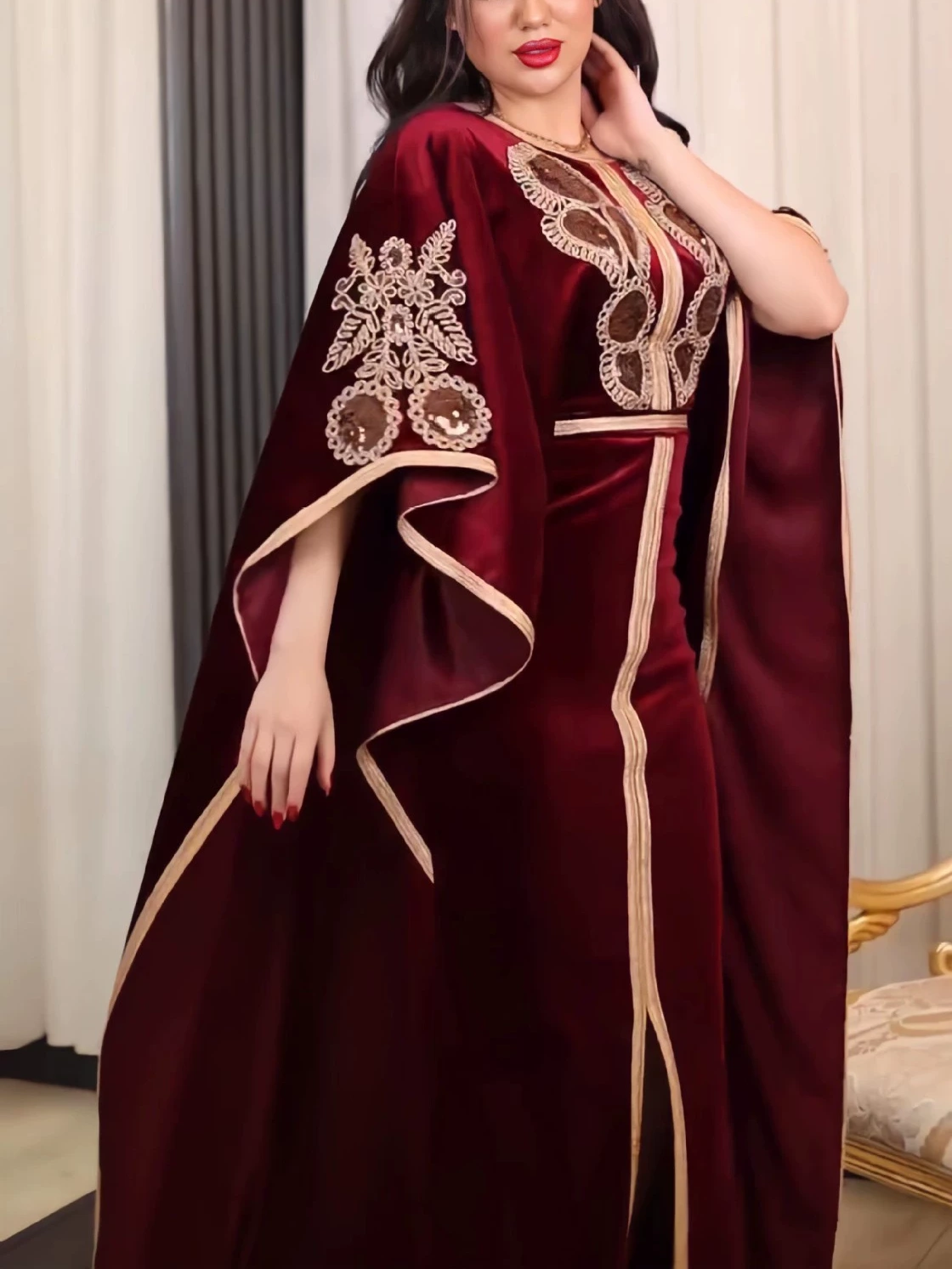 Sequined Gold Velvet Gown Long Dress