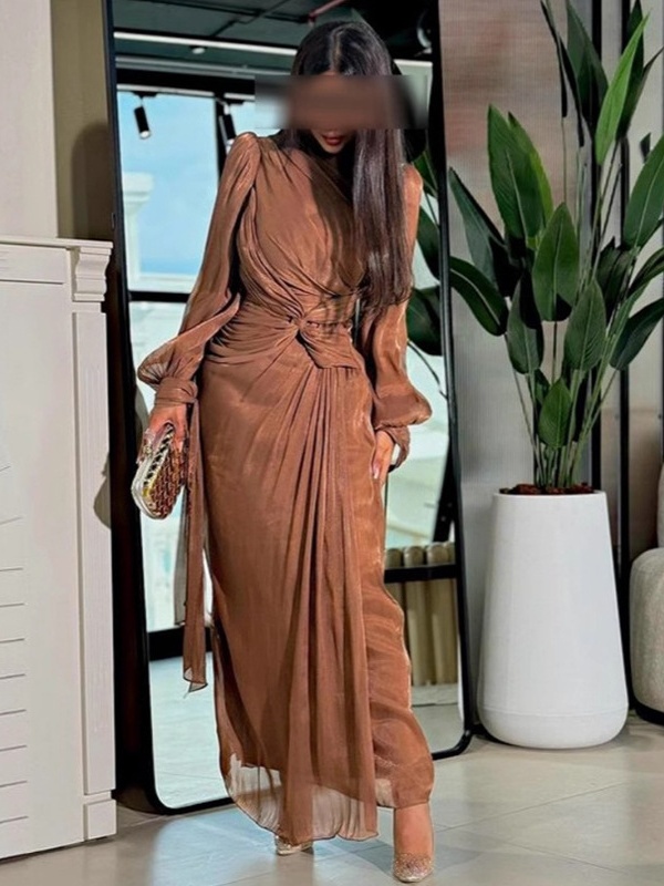 V-Neck Solid Color Pleated Flutter Evening Dress