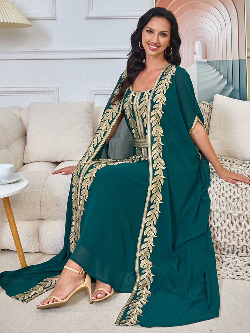 Gold Leaf Embroidery and Sheer Cape Abaya