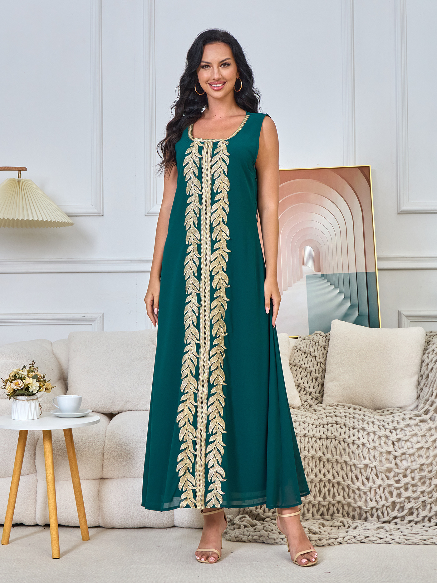 Gold Leaf Embroidery and Sheer Cape Abaya
