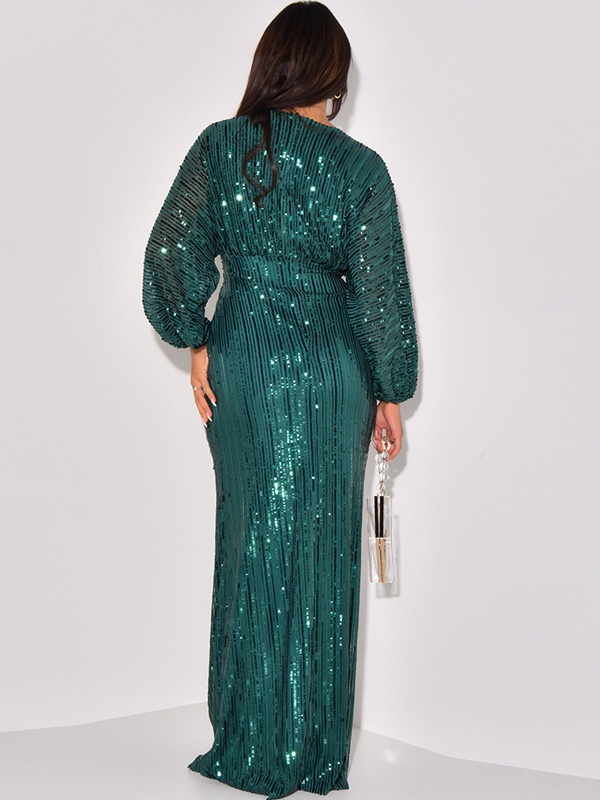 Sequined Long Sleeve V-Neck Beaded Long Dress