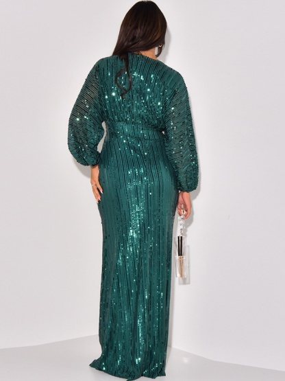 Sequined Long Sleeve V-Neck Beaded Long Dress