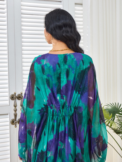 Intricate Patterns Hued Chiffon Gown Maxi Dress