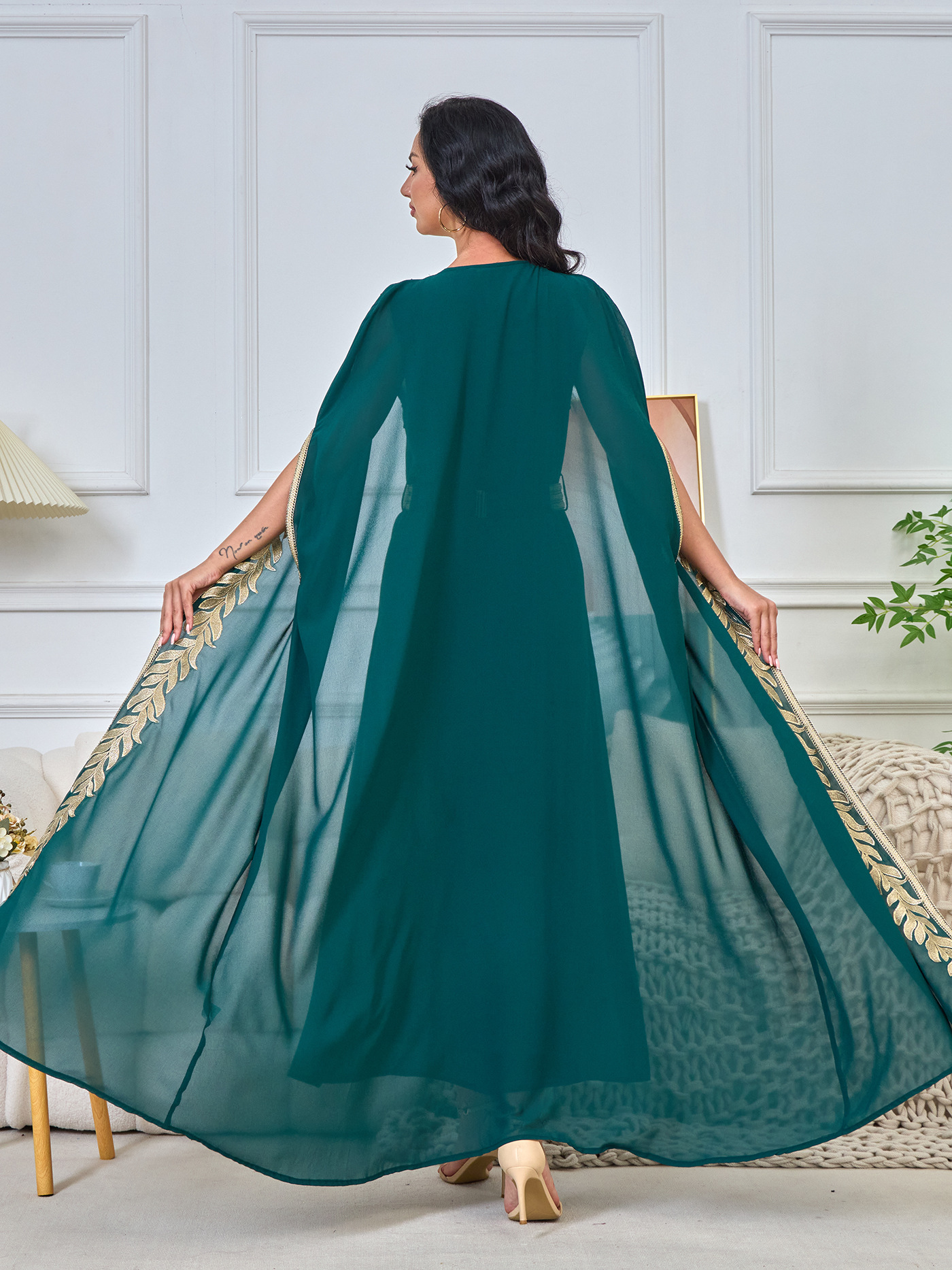 Gold Leaf Embroidery and Sheer Cape Abaya