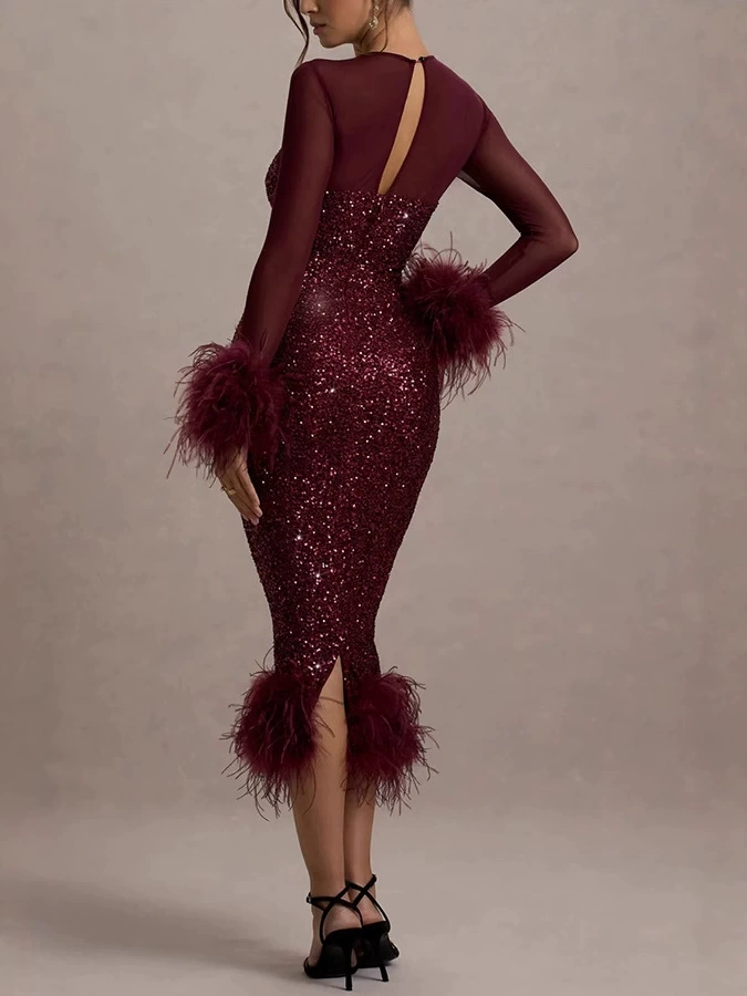 Sequin Feather Mesh Sleeve Black Dress