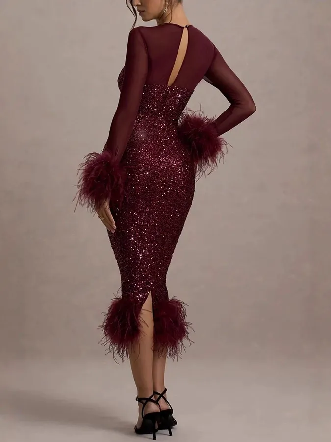 Sequin Feather Mesh Sleeve Black Dress