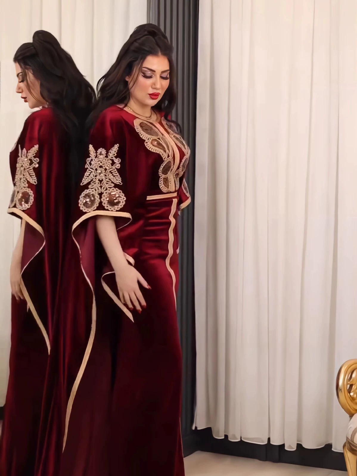 Sequined Gold Velvet Gown Long Dress