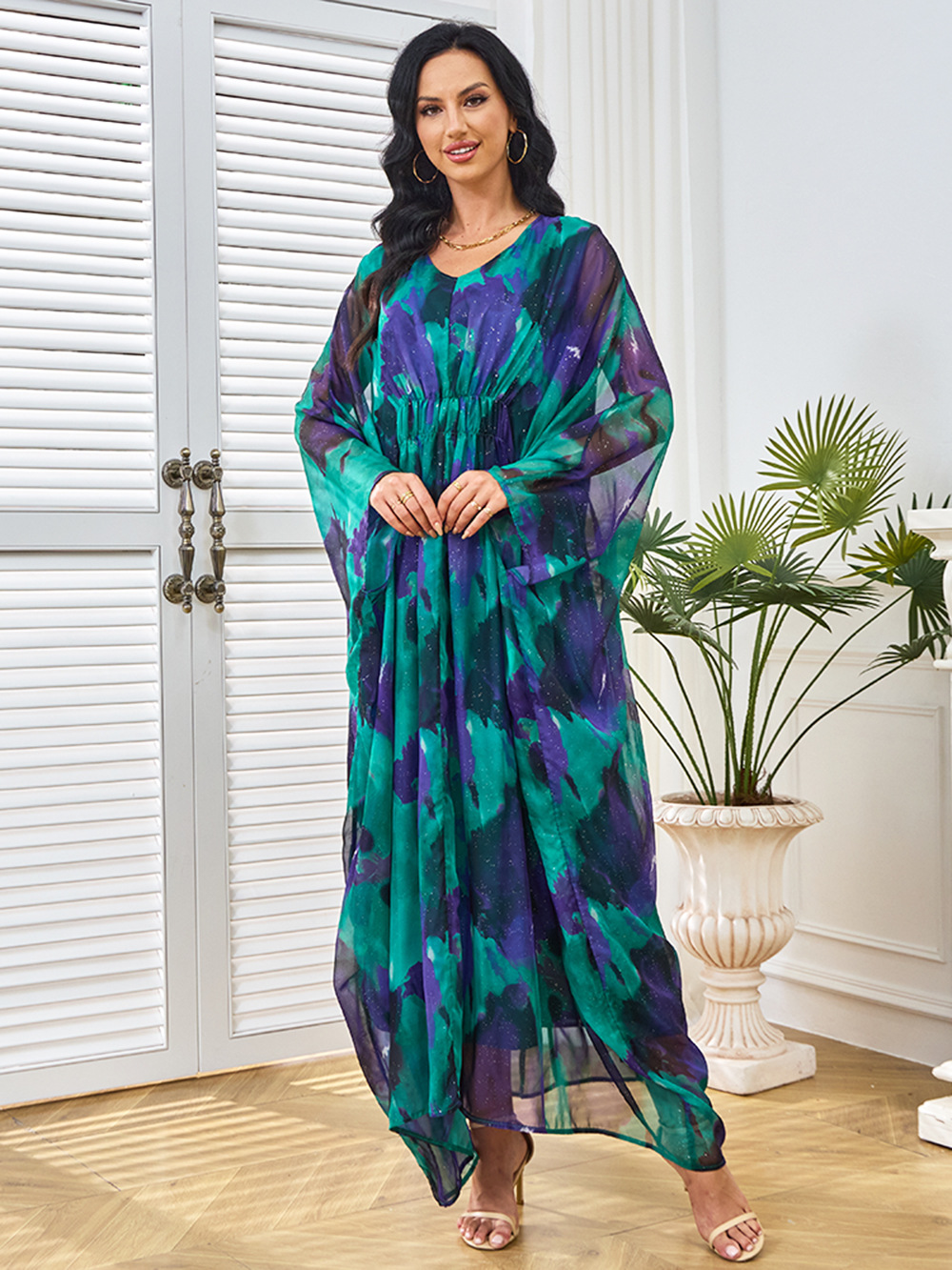 Intricate Patterns Hued Chiffon Gown Maxi Dress