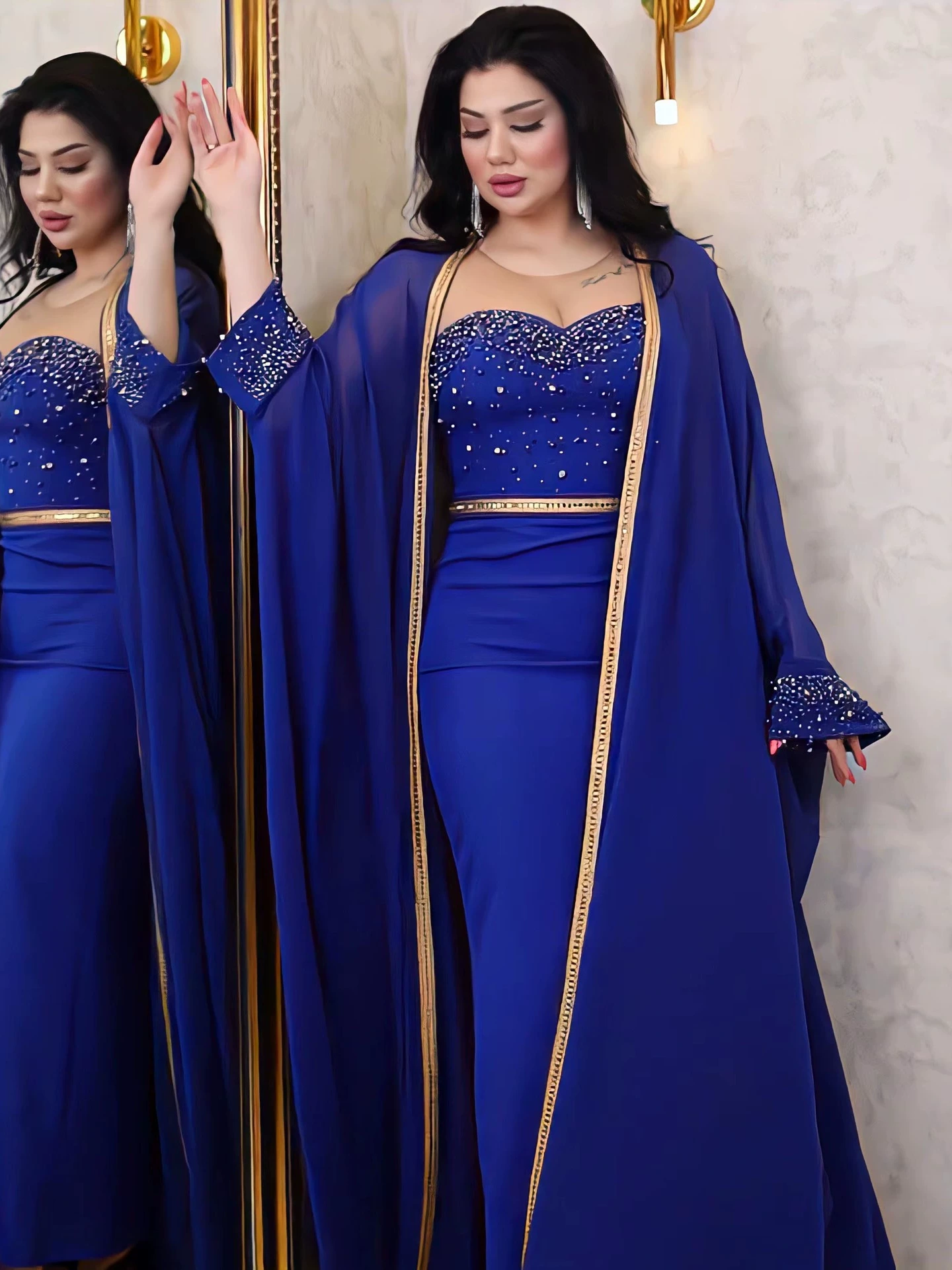 2pcs Mesh Studded Gown and Dress Set