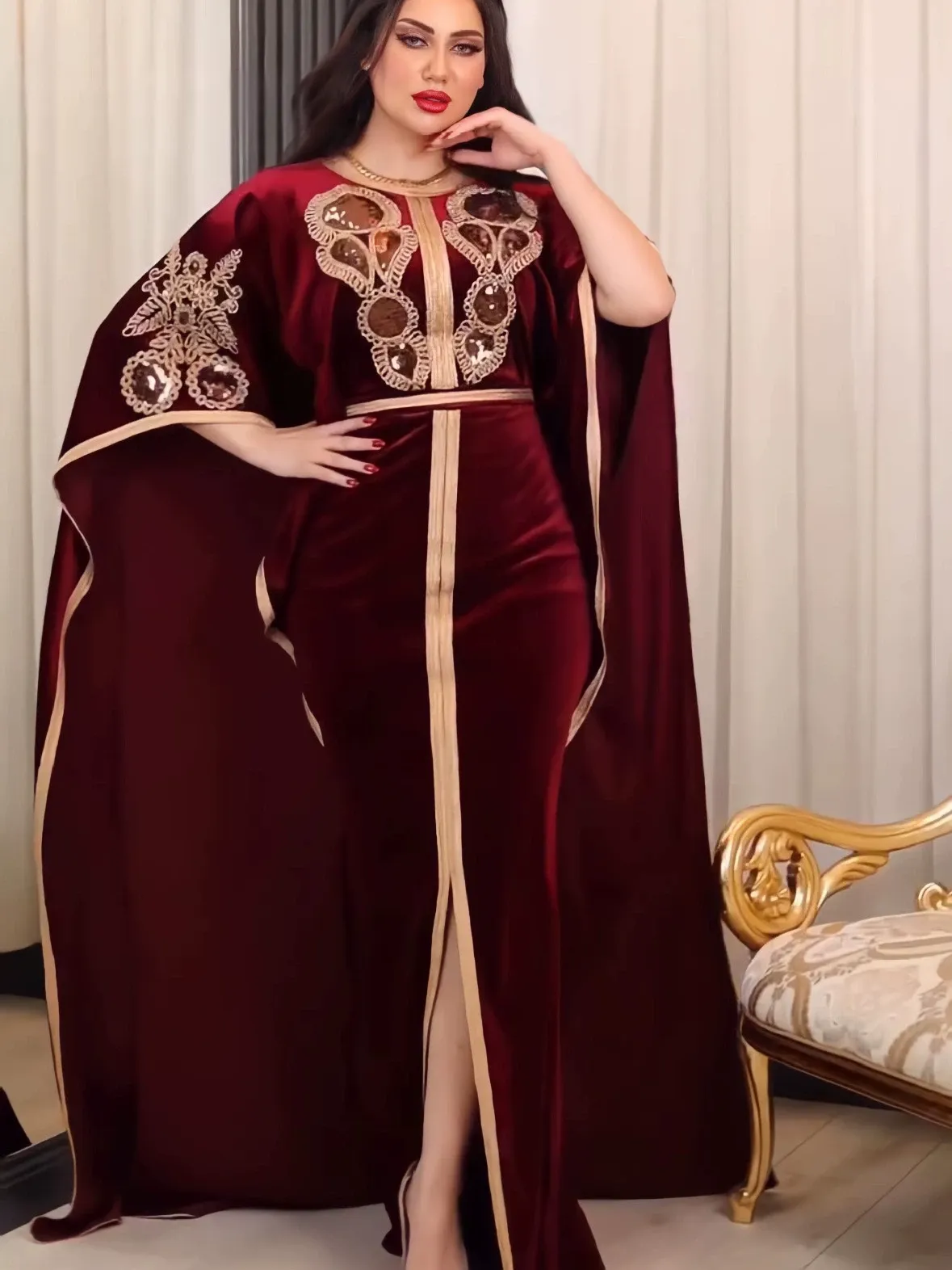 Sequined Gold Velvet Gown Long Dress