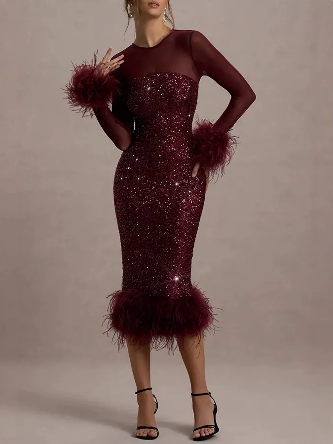 Sequin Feather Mesh Sleeve Black Dress
