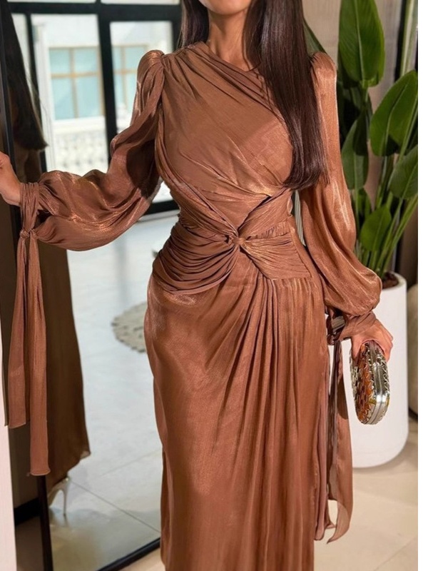 V-Neck Solid Color Pleated Flutter Evening Dress