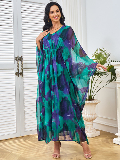 Intricate Patterns Hued Chiffon Gown Maxi Dress