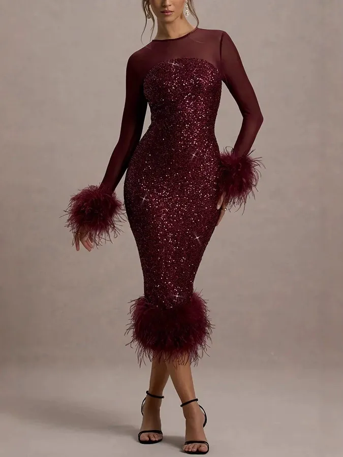 Sequin Feather Mesh Sleeve Black Dress