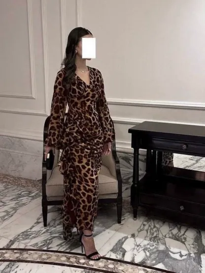 Chiffon Leopard Print V-Neck Long Sleeve Dress