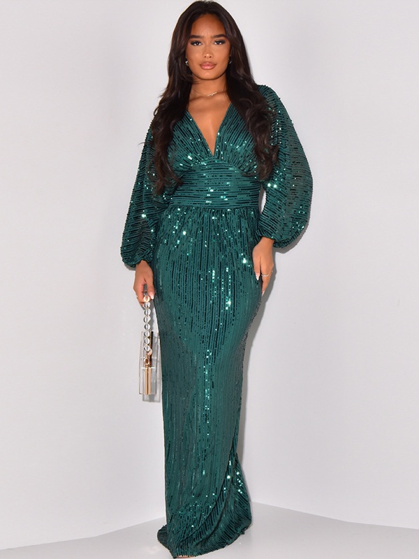 Sequined Long Sleeve V-Neck Beaded Long Dress
