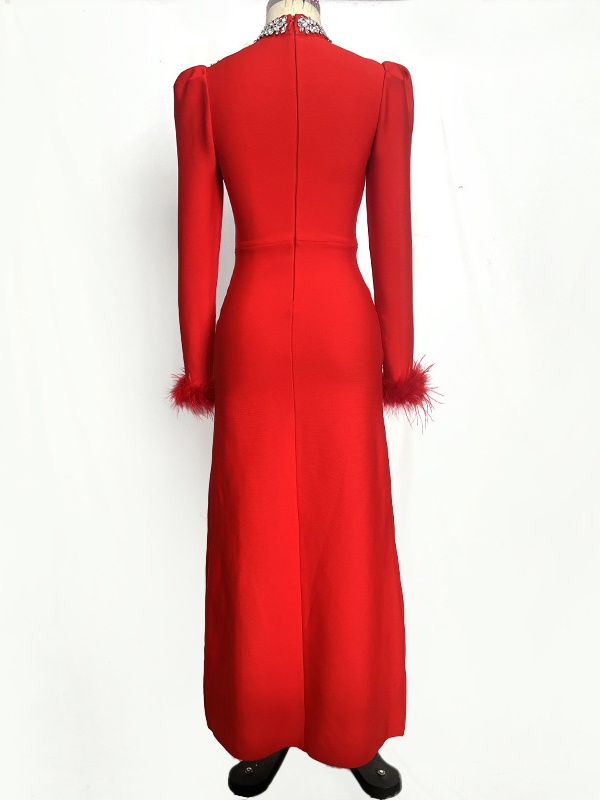 Long Sleeve Feather Diamante Bandage Dress