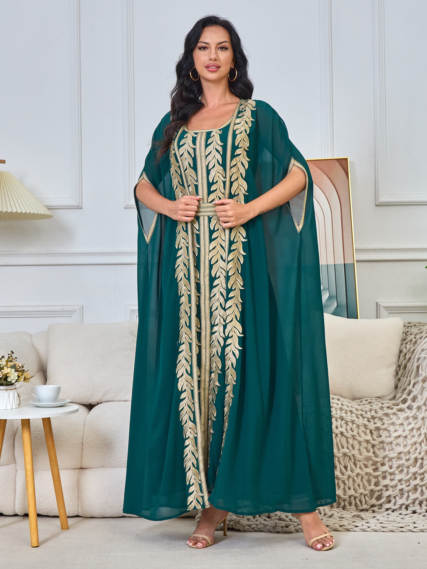 Gold Leaf Embroidery and Sheer Cape Abaya
