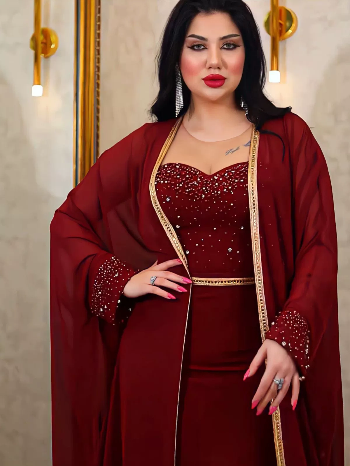 2pcs Mesh Studded Gown and Dress Set