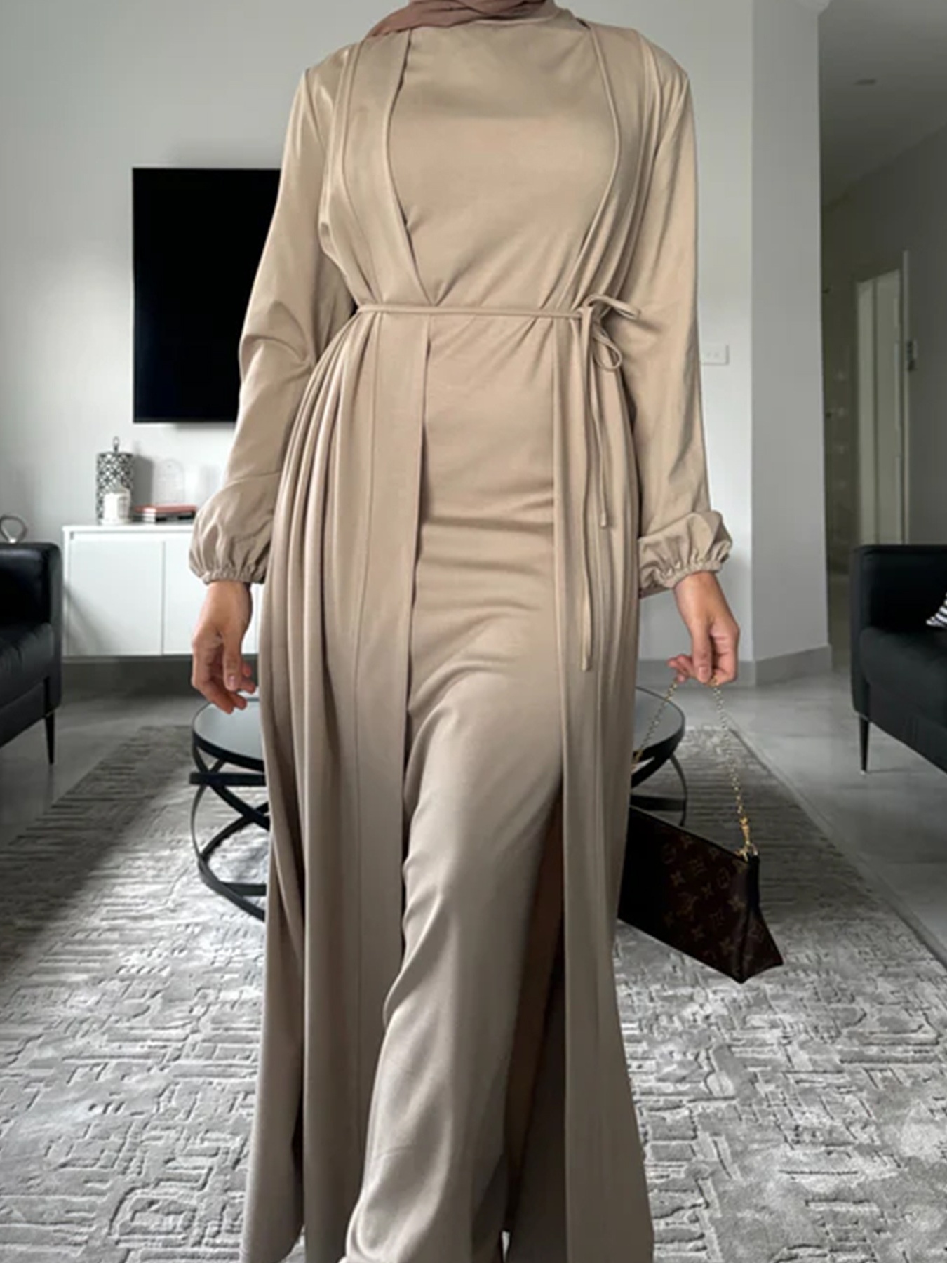 2pcs Solid Color Lace-Up Dress and Cardigan Set