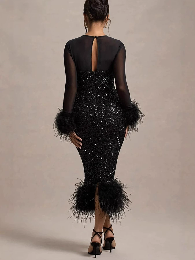 Sequin Feather Mesh Sleeve Black Dress