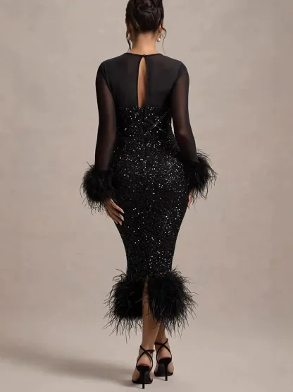 Sequin Feather Mesh Sleeve Black Dress