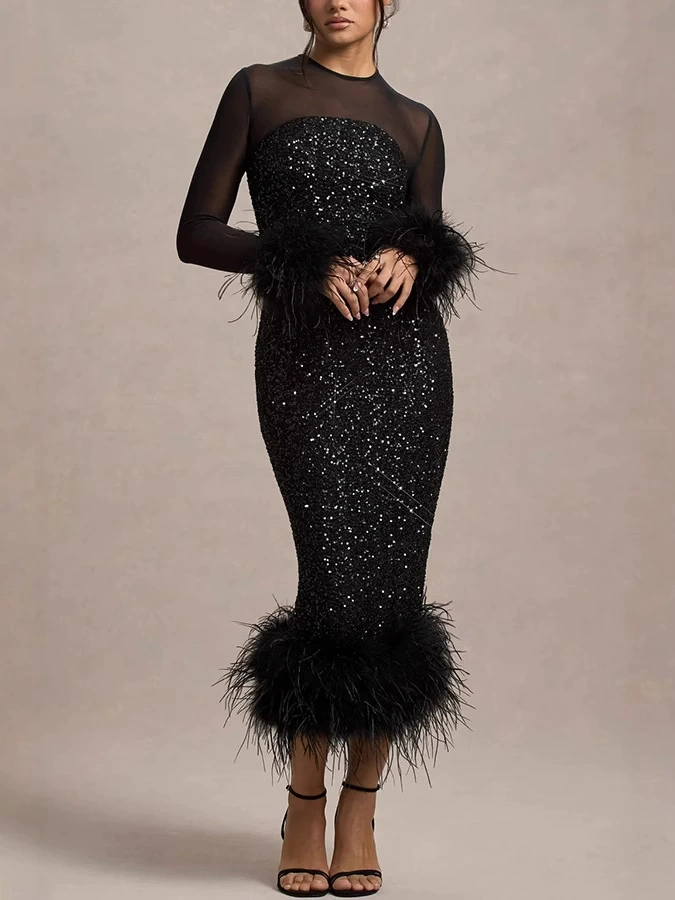 Sequin Feather Mesh Sleeve Black Dress