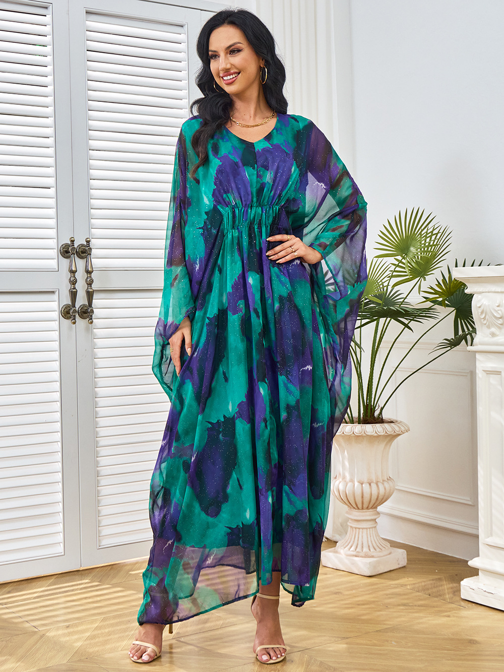 Intricate Patterns Hued Chiffon Gown Maxi Dress