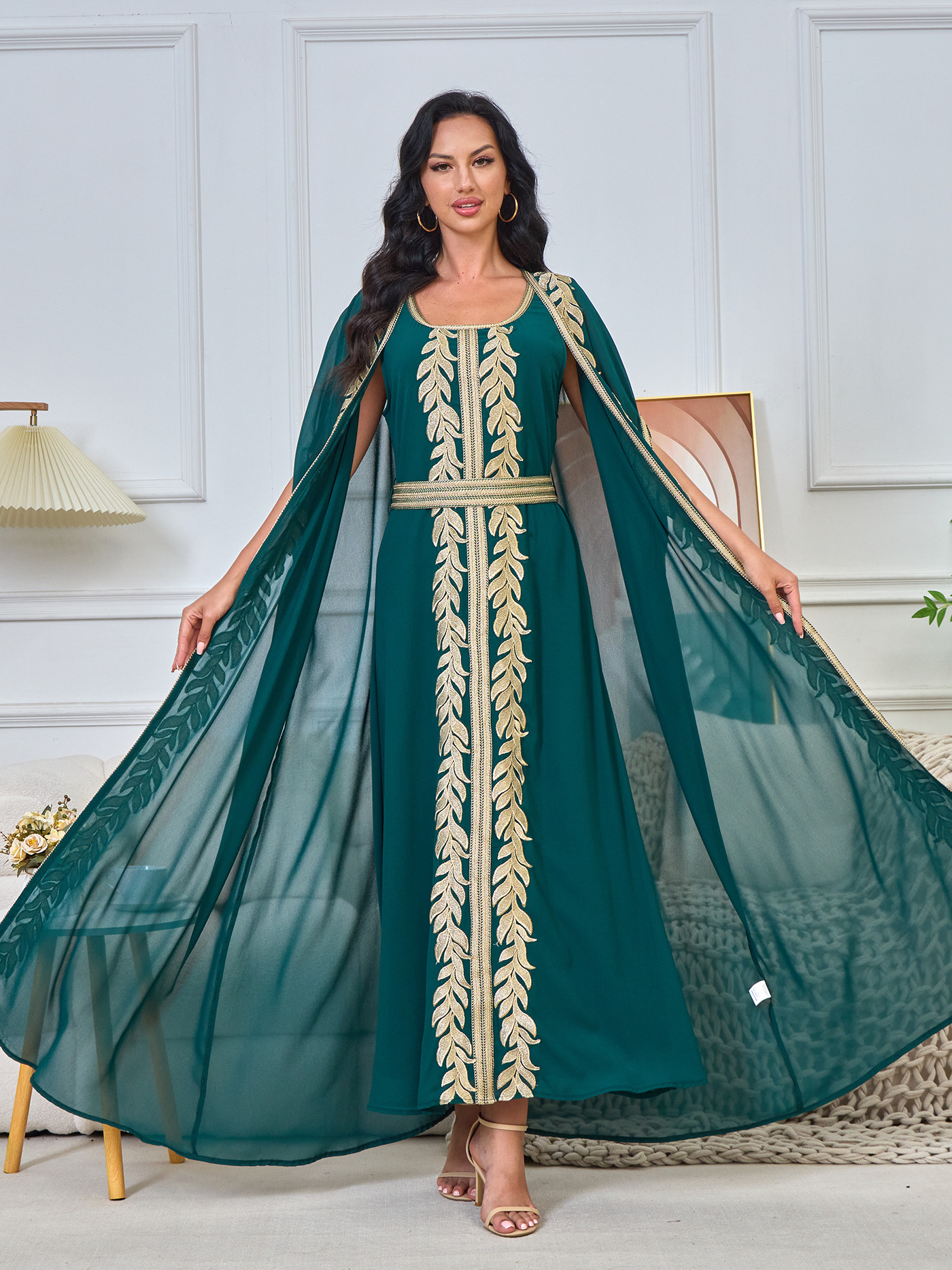 Gold Leaf Embroidery and Sheer Cape Abaya