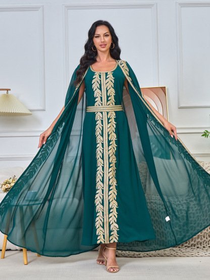 Gold Leaf Embroidery and Sheer Cape Abaya
