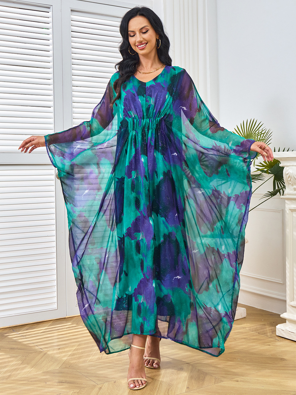 Mesh Rhinestone See-Through Long-Sleeved Dress Set