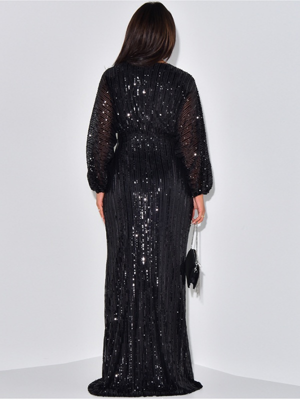 Sequined Long Sleeve V-Neck Beaded Long Dress
