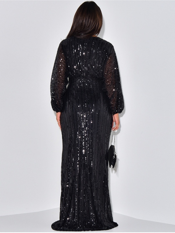 Sequined Long Sleeve V-Neck Beaded Long Dress