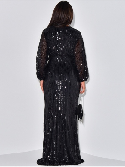 Sequined Long Sleeve V-Neck Beaded Long Dress
