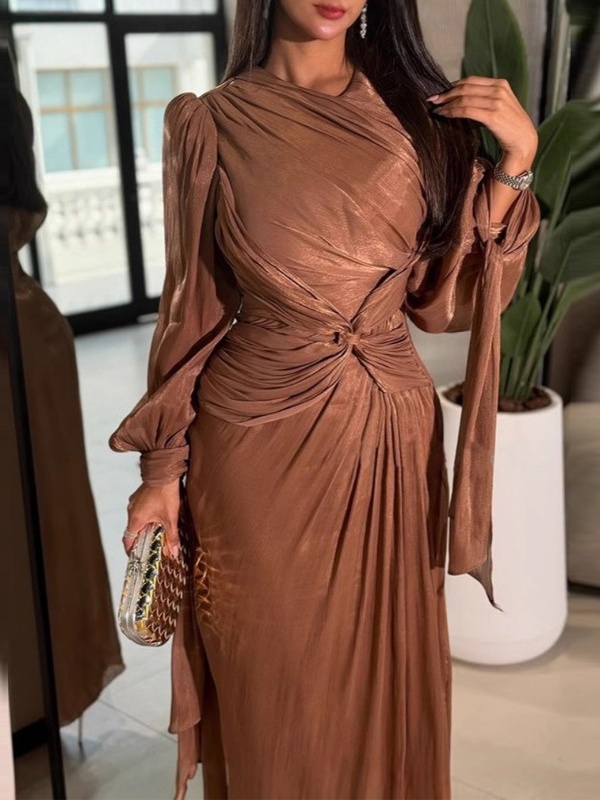 V-Neck Solid Color Pleated Flutter Evening Dress