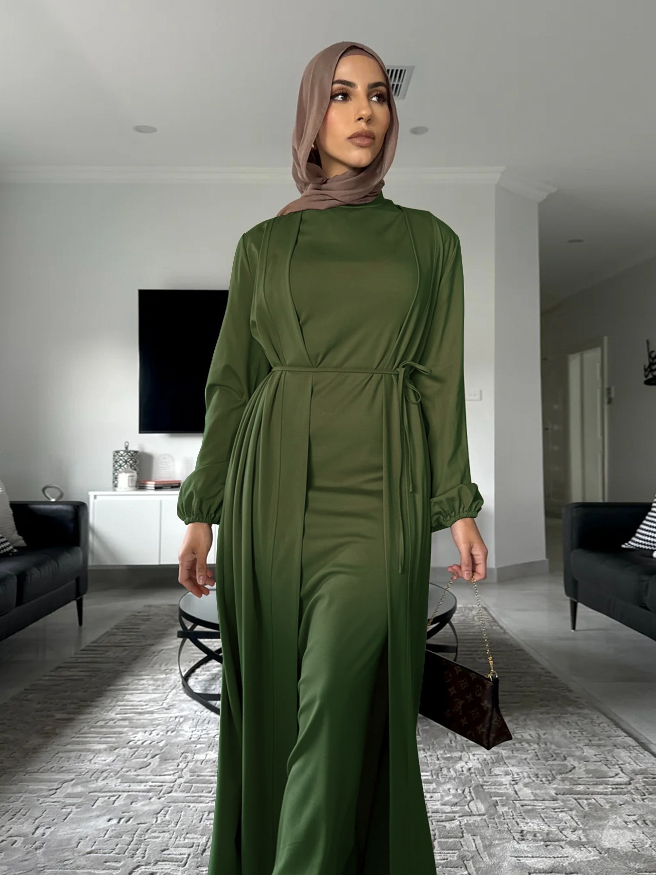 2pcs Solid Color Lace-Up Dress and Cardigan Set