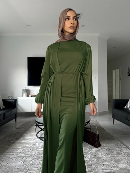 2pcs Solid Color Lace-Up Dress and Cardigan Set