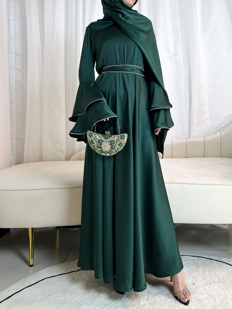 3pcs Drill Stripes Large Flared Sleeve Dress with Belt and Hijab Set
